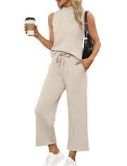 SAMPEEL Two Piece Sets for Women Summer Outfits Lounge Sets Mock Neck Tops Wide Leg Crop Pants Vacation Travel Outfits