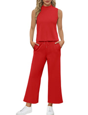 SAMPEEL Two Piece Sets for Women Summer Outfits Lounge Sets Mock Neck Tops Wide Leg Crop Pants Vacation Travel Outfits