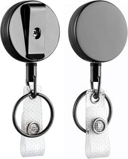 Will Well ID Badge Holder Reel with Clip and Keyring - Heavy-Duty All-Metal Casing with 27.5" UHMWPE Fiber Pull Cord for Durability and Easy Access, Holds up to 8 Keys - 2-Pack, Round, Glossy Black