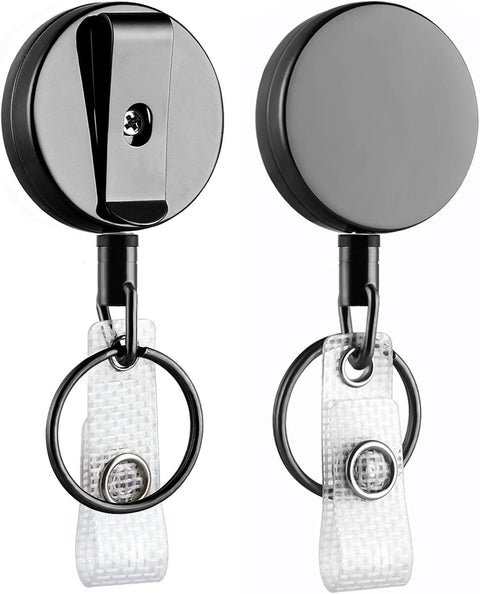 Will Well ID Badge Holder Reel with Clip and Keyring - Heavy-Duty All-Metal Casing with 27.5" UHMWPE Fiber Pull Cord for Durability and Easy Access, Holds up to 8 Keys - 2-Pack, Round, Glossy Black