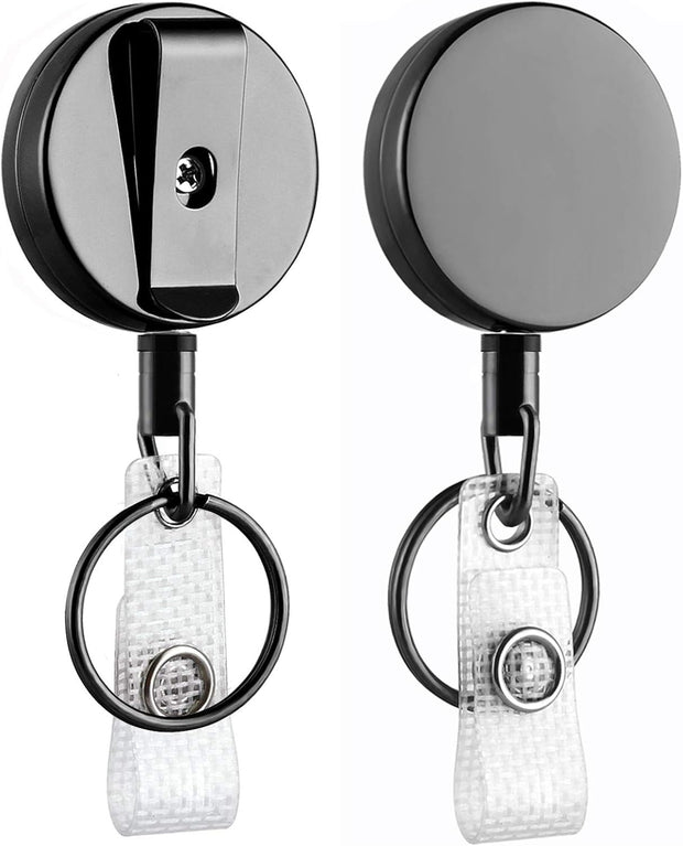 Will Well ID Badge Holder Reel with Clip and Keyring - Heavy-Duty All-Metal Casing with 27.5" UHMWPE Fiber Pull Cord for Durability and Easy Access, Holds up to 8 Keys - 2-Pack, Round, Glossy Black