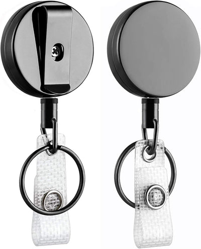 Will Well ID Badge Holder Reel with Clip and Keyring - Heavy-Duty All-Metal Casing with 27.5" UHMWPE Fiber Pull Cord for Durability and Easy Access, Holds up to 8 Keys - 2-Pack, Round, Glossy Black