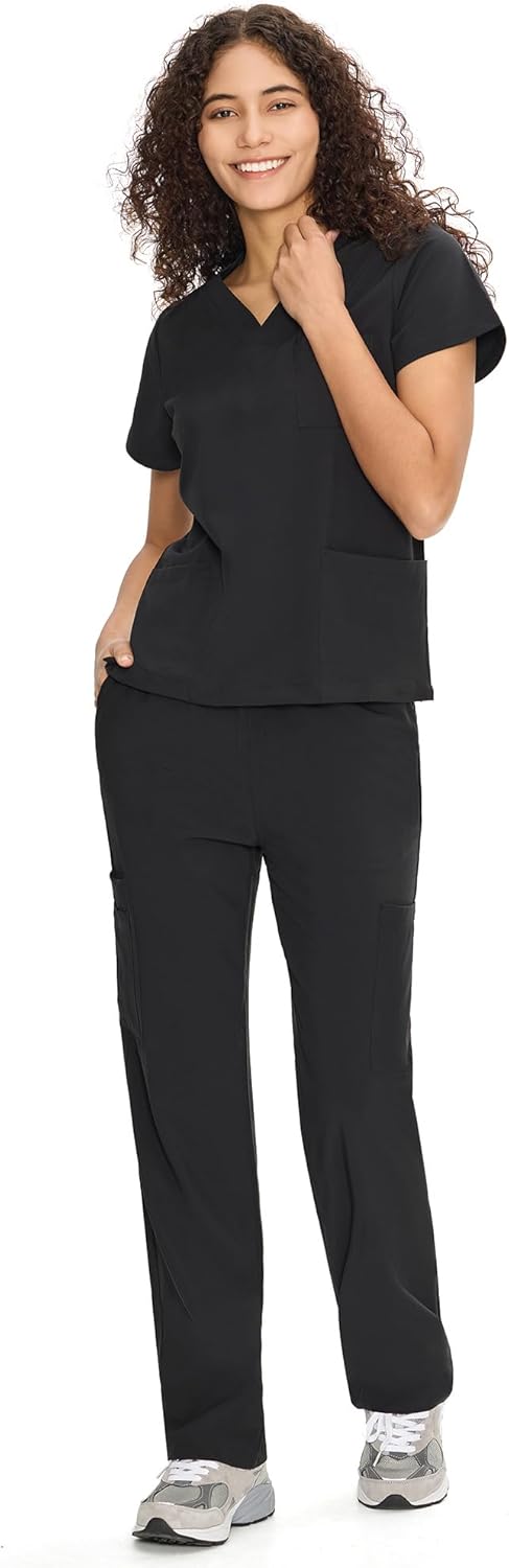 COZYFIT Scrubs for Women Set Medical Uniform - V-Neck Top & Straight Leg Pants with 9 Pockets, Unisex Workwear