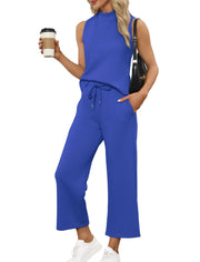 SAMPEEL Two Piece Sets for Women Summer Outfits Lounge Sets Mock Neck Tops Wide Leg Crop Pants Vacation Travel Outfits