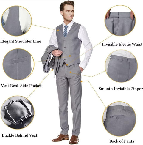 Men's Slim Fit 3 Piece Suit Two Button Business Wedding Dress Tux Suit Set Jacket Vest Pants with Tie