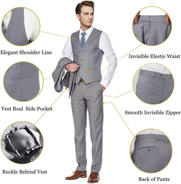 Men's Slim Fit 3 Piece Suit Two Button Business Wedding Dress Tux Suit Set Jacket Vest Pants with Tie