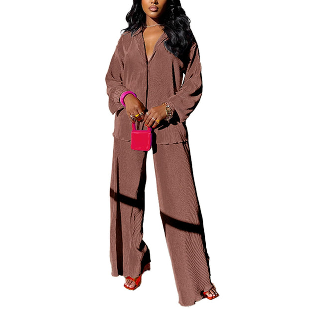 kaimimei Casual 2 Piece Outfit for Women - Linen Long Sleeve Button Down Shirt + Flare Pleated Wide Leg Pants Sets Streetwear