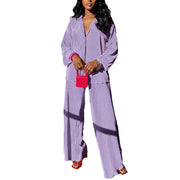 kaimimei Casual 2 Piece Outfit for Women - Linen Long Sleeve Button Down Shirt + Flare Pleated Wide Leg Pants Sets Streetwear