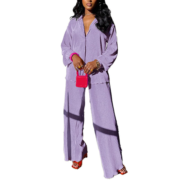 kaimimei Casual 2 Piece Outfit for Women - Linen Long Sleeve Button Down Shirt + Flare Pleated Wide Leg Pants Sets Streetwear