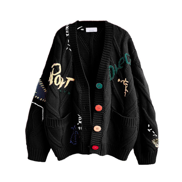 Women's Cable Knit Long Sleeve Open Front Cardigan Sheep V-Neck Button Down Embroidery Wool Blend Sweater Coat Outwear