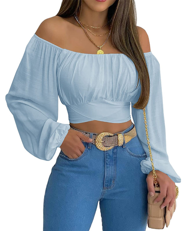 MIRACMODA Woman Off Shoulder Ruched Tie Back Crop Top Summer Lantern Sleeve Boho Shirt Blouse