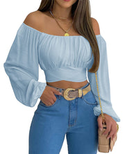 MIRACMODA Woman Off Shoulder Ruched Tie Back Crop Top Summer Lantern Sleeve Boho Shirt Blouse