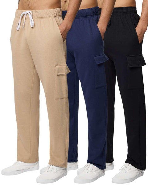 Real Essentials 3 Pack: Men's Tech Fleece Open Bottom Cargo Sweatpants with Pockets (Available in Big & Tall)