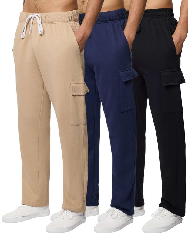 Real Essentials 3 Pack: Men's Tech Fleece Open Bottom Cargo Sweatpants with Pockets (Available in Big & Tall)