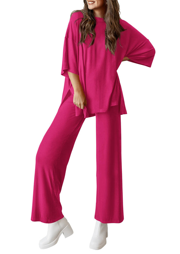 PRETTYGARDEN Women's 2 Piece Outfits Casual Short Sleeve Pullover Tops and Wide Leg Pants Lounge Sets Tracksuits