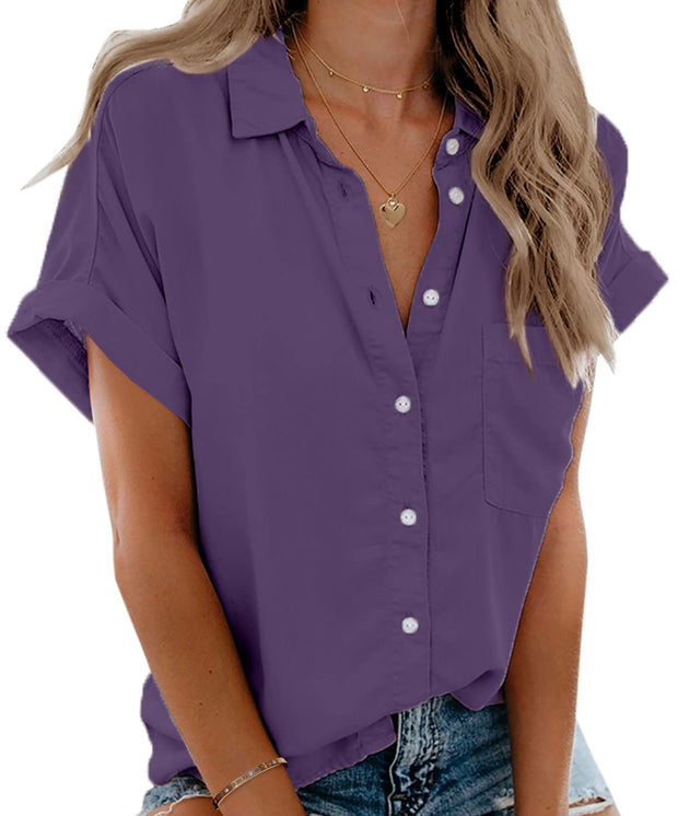 Beautife Womens Short Sleeve Shirts V Neck Collared Button Down Shirt Tops with Pockets
