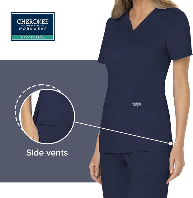 Cherokee Scrubs for Women Mock Wrap Top with 3 Pocket, Back Princess Seams WW610