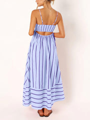 chouyatou Women's Striped Back Smocked Maxi Dress Sexy Spaghetti Strap Cut Out Flowy Swing Long Dress (Small, Apricot)