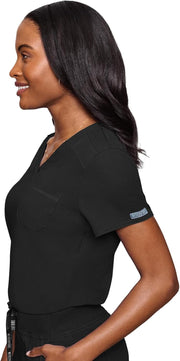Med Couture Women's V-Neck Scrub Top, Modern Fit Tuck-in Top with Stretchy Rib-Knit Shoulders and Chest Pocket - MC7448