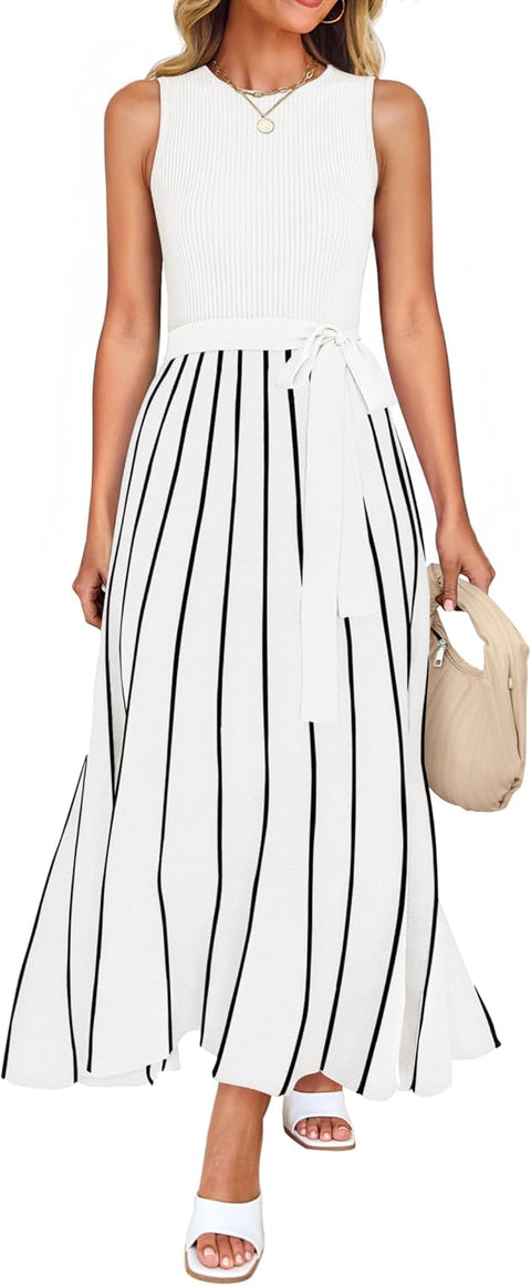 ZESICA Women's Summer Sleeveless Midi Dress 2025 Crewneck Ribbed Knit Tie Waist Casual A Line Swing Dresses