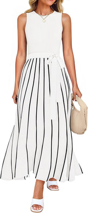 ZESICA Women's Summer Sleeveless Midi Dress 2025 Crewneck Ribbed Knit Tie Waist Casual A Line Swing Dresses