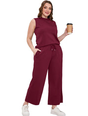 SAMPEEL Two Piece Sets for Women Summer Outfits Lounge Sets Mock Neck Tops Wide Leg Crop Pants Vacation Travel Outfits