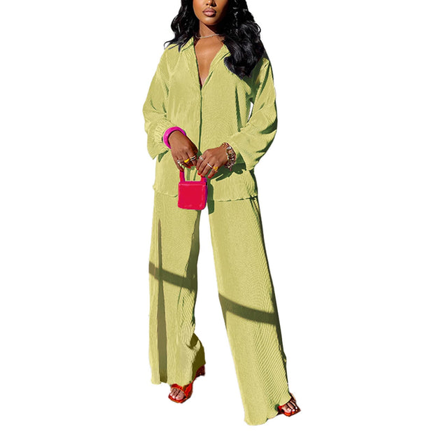 kaimimei Casual 2 Piece Outfit for Women - Linen Long Sleeve Button Down Shirt + Flare Pleated Wide Leg Pants Sets Streetwear