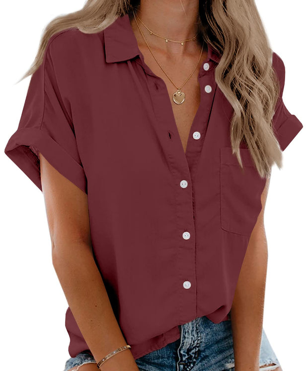 Beautife Womens Short Sleeve Shirts V Neck Collared Button Down Shirt Tops with Pockets