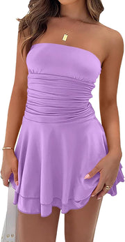 Women Sexy Tube Top Silk Dress Strapless Ruched Basque Waist Ruffle Layer Mini Dress Jumpsuit Party Dresses