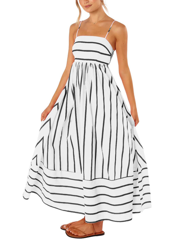 chouyatou Women's Striped Back Smocked Maxi Dress Sexy Spaghetti Strap Cut Out Flowy Swing Long Dress (Small, Apricot)