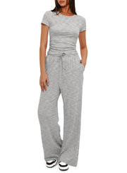 Darong Women's 2 Piece Outfits Lounge Sets Ruched Short Sleeve Tops High Waisted Wide Leg Pants Tracksuit Sets