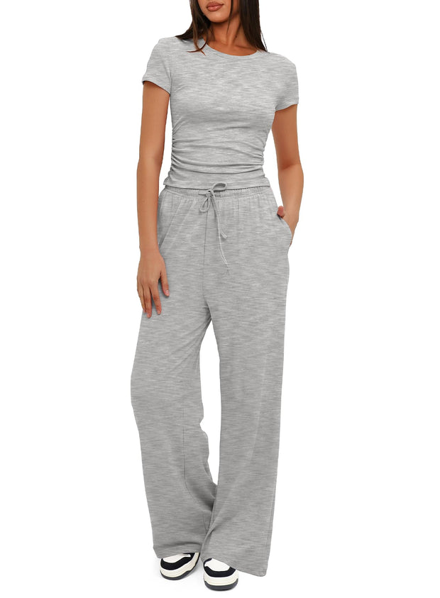 Darong Women's 2 Piece Outfits Lounge Sets Ruched Short Sleeve Tops High Waisted Wide Leg Pants Tracksuit Sets