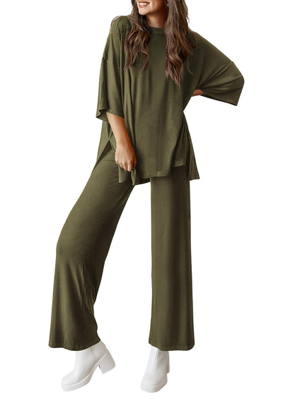 PRETTYGARDEN Women's 2 Piece Outfits Casual Short Sleeve Pullover Tops and Wide Leg Pants Lounge Sets Tracksuits
