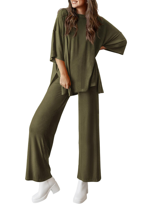 PRETTYGARDEN Women's 2 Piece Outfits Casual Short Sleeve Pullover Tops and Wide Leg Pants Lounge Sets Tracksuits