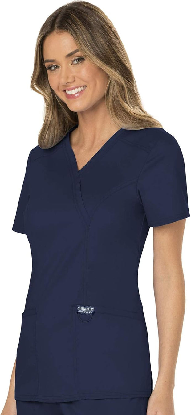 Cherokee Scrubs for Women Mock Wrap Top with 3 Pocket, Back Princess Seams WW610
