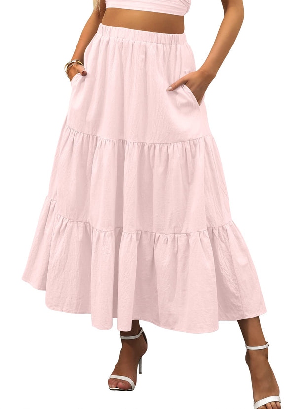 ANRABESS Women’s Summer Boho Flowy Swing Tiered A-Line Maxi Skirt 2025 Fashion Trendy Elastic Waist Pleated Long Beach Dress