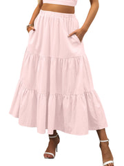 ANRABESS Women’s Summer Boho Flowy Swing Tiered A-Line Maxi Skirt 2025 Fashion Trendy Elastic Waist Pleated Long Beach Dress
