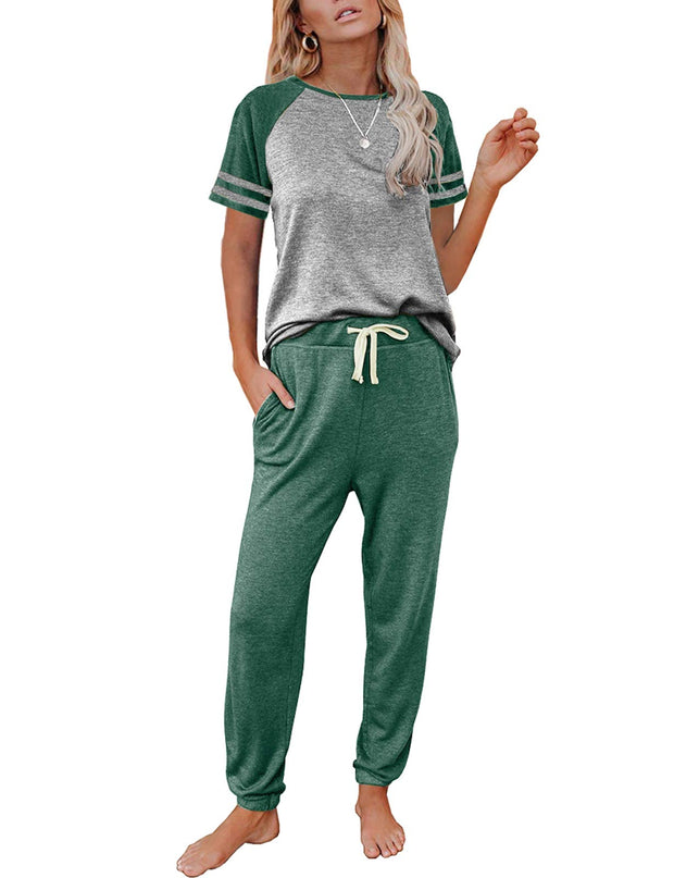 AUTOMET Lounge Sets For Women Two Piece Outfits Loungewear Short Sleeve Crewneck Jogger Pajama Set Sweatpants Tracksuit