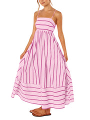 chouyatou Women's Striped Back Smocked Maxi Dress Sexy Spaghetti Strap Cut Out Flowy Swing Long Dress (Small, Apricot)