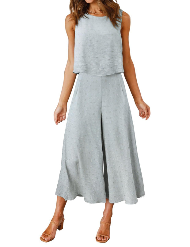 ROYLAMP Women's Summer 2 Piece Outfits Round Neck Crop Basic Top Cropped Wide Leg Pants Set Jumpsuits