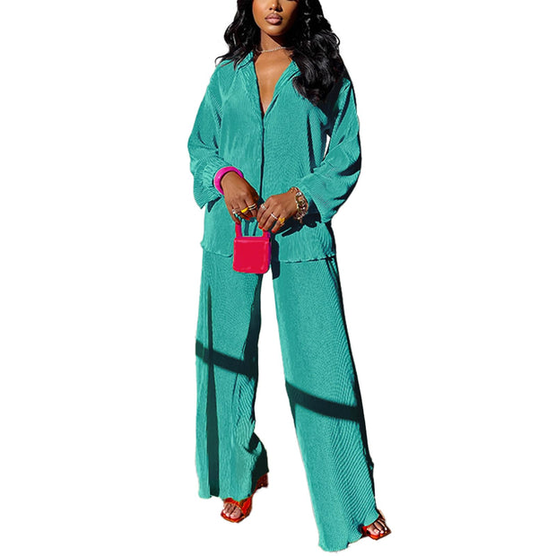 kaimimei Casual 2 Piece Outfit for Women - Linen Long Sleeve Button Down Shirt + Flare Pleated Wide Leg Pants Sets Streetwear