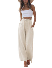 Faleave Women's Cotton Linen Summer Palazzo Pants Flowy Wide Leg Beach Trousers with Pockets