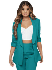 SweatyRocks Women's 2 Piece Solid Ruched Sleeve Blazer and Pants Business Office Suit Set