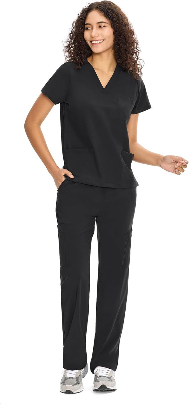 COZYFIT Scrubs for Women Set Medical Uniform - V-Neck Top & Straight Leg Pants with 9 Pockets, Unisex Workwear