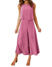 ROYLAMP Women's Summer 2 Piece Outfits Round Neck Crop Basic Top Cropped Wide Leg Pants Set Jumpsuits