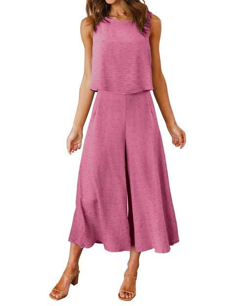 ROYLAMP Women's Summer 2 Piece Outfits Round Neck Crop Basic Top Cropped Wide Leg Pants Set Jumpsuits