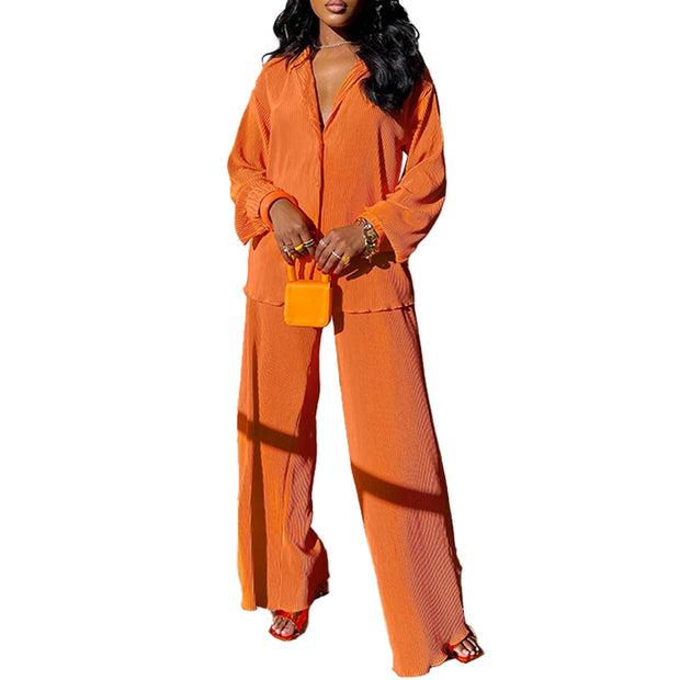 kaimimei Casual 2 Piece Outfit for Women - Linen Long Sleeve Button Down Shirt + Flare Pleated Wide Leg Pants Sets Streetwear