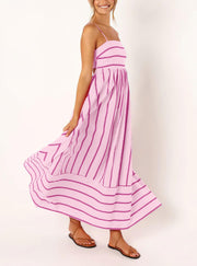 chouyatou Women's Striped Back Smocked Maxi Dress Sexy Spaghetti Strap Cut Out Flowy Swing Long Dress (Small, Apricot)
