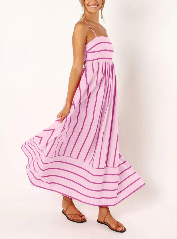 chouyatou Women's Striped Back Smocked Maxi Dress Sexy Spaghetti Strap Cut Out Flowy Swing Long Dress (Small, Apricot)