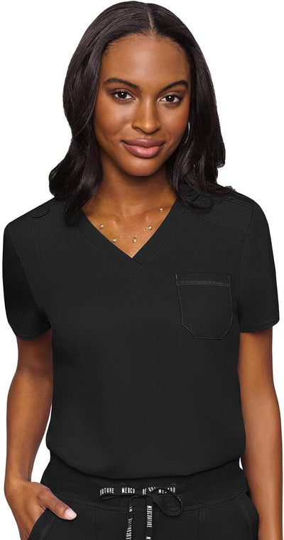 Med Couture Women's V-Neck Scrub Top, Modern Fit Tuck-in Top with Stretchy Rib-Knit Shoulders and Chest Pocket - MC7448